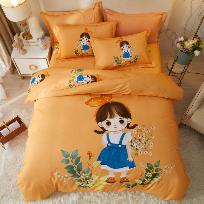 91家纺网 家纺一手货源 找家纺 金纱玉纺2022新款全棉生态大版磨毛四件套 田丫丫-桔