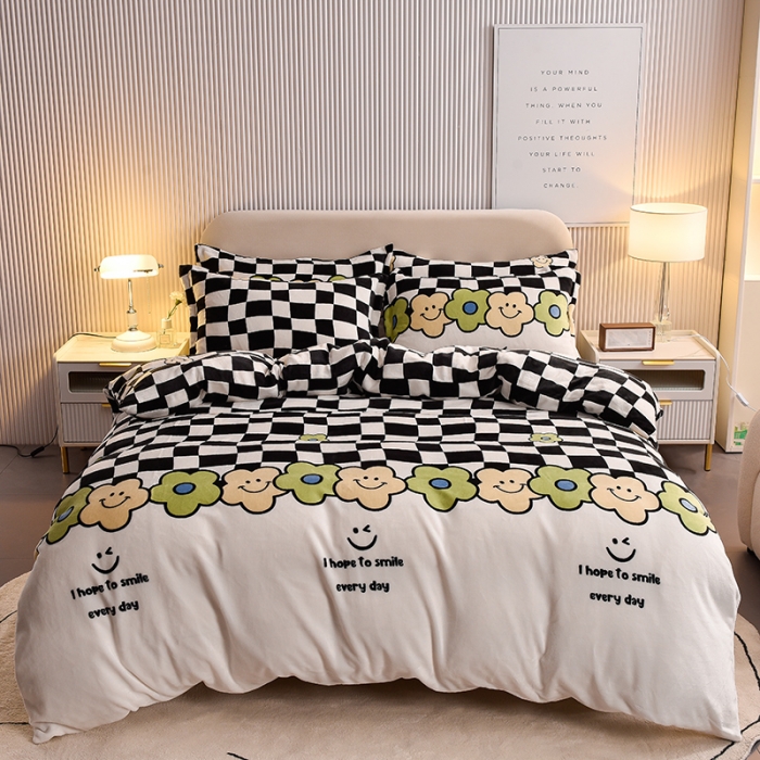 91家纺网 家纺一手货源 找家纺 同田 2023新款牛奶金貂绒四件套印花保暖法莱水晶绒 格子花