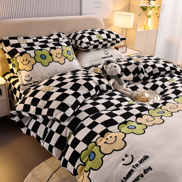 91家纺网 家纺一手货源 找家纺 同田 2023新款牛奶金貂绒四件套印花保暖法莱水晶绒 格子花