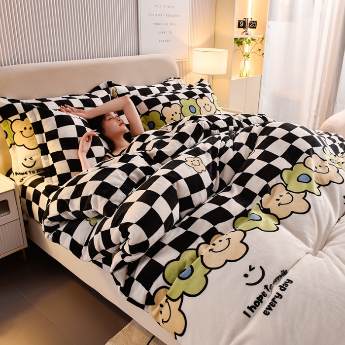 91家纺网 家纺一手货源 找家纺 同田 2023新款牛奶金貂绒四件套印花保暖法莱水晶绒 格子花