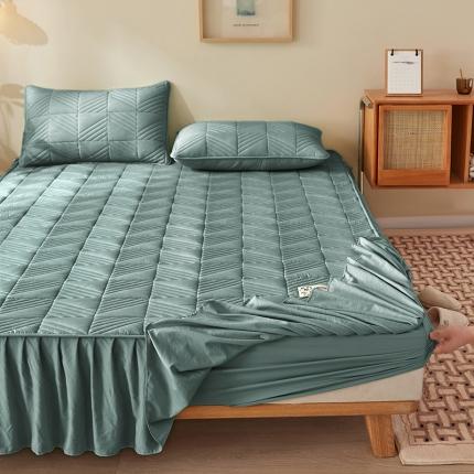 2022新款A类原棉大豆夹棉床裙款床笠本色大豆床笠错落格墨绿