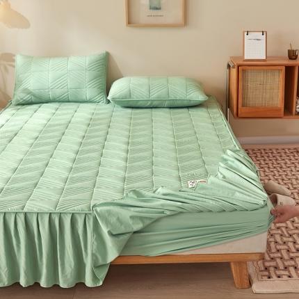 2022新款A类原棉大豆夹棉床裙款床笠全棉原棉床笠错落格抹茶