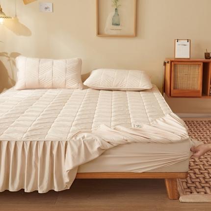 2022新款A类原棉大豆夹棉床裙款床笠全棉原棉床笠错落格奶咖