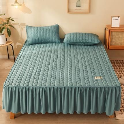 91家纺网 家纺一手货源 找家纺 2022新款A类原棉大豆夹棉床裙款床笠全棉原棉床笠小麦格墨绿