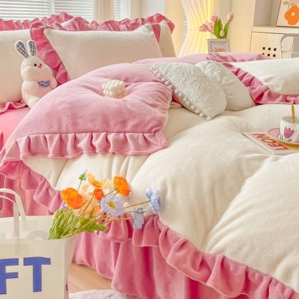 十里居 2022韩版花边床裙款牛奶绒四件套 粉白