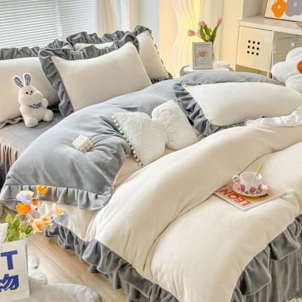十里居 2022韩版花边床裙款牛奶绒四件套 灰白