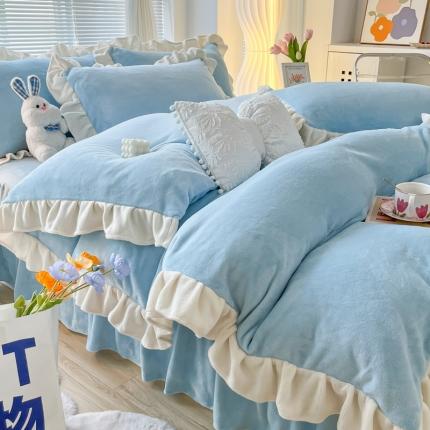十里居 2022韩版花边床裙款牛奶绒四件套 柔和蓝