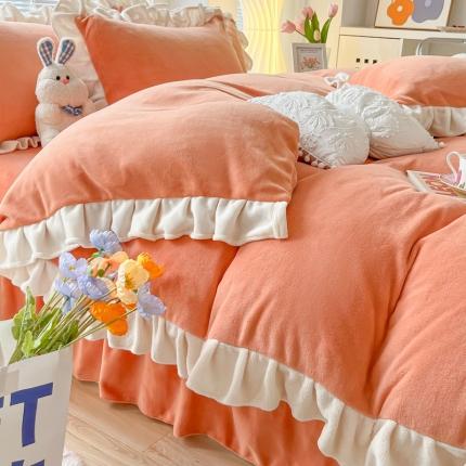 十里居 2022韩版花边床裙款牛奶绒四件套 活力橙