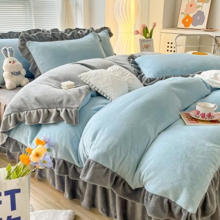 十里居 2022韩版花边床裙款牛奶绒四件套 蓝灰