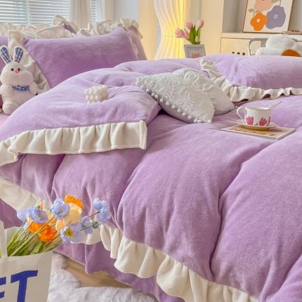 十里居 2022韩版花边床裙款牛奶绒四件套 浪漫紫