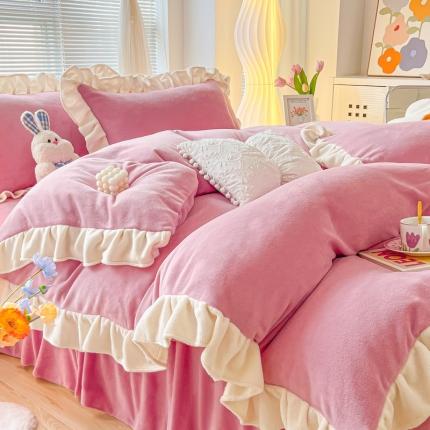 十里居 2022韩版花边床裙款牛奶绒四件套 米兰粉