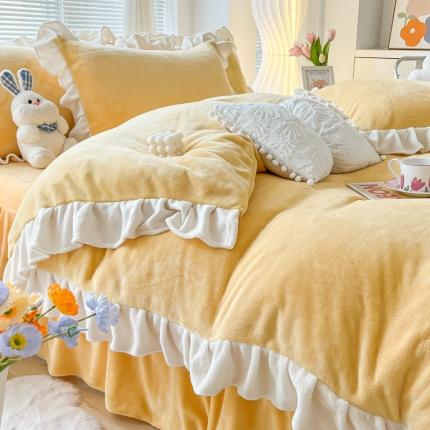 十里居 2022韩版花边床裙款牛奶绒四件套 奶油黄