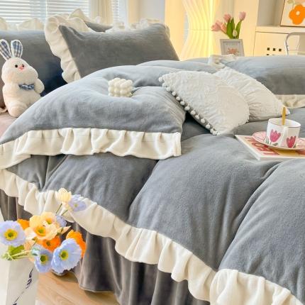 十里居 2022韩版花边床裙款牛奶绒四件套 星际灰