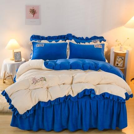 91家纺网 家纺一手货源 找家纺 睡美人 迷情系列韩版纯色双拼牛奶绒床裙床单四件套迷情-梦幻蓝