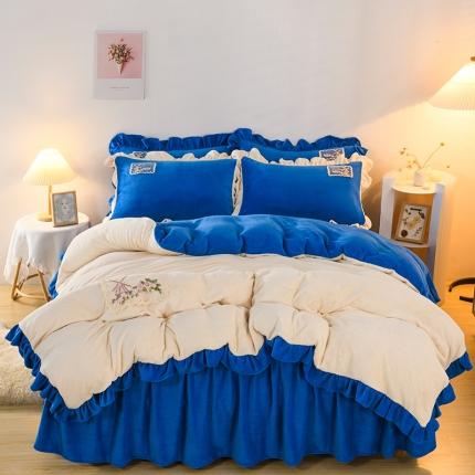 睡美人 迷情系列韩版纯色双拼牛奶绒床裙床单四件套迷情-梦幻蓝