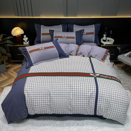 91家纺网 家纺一手货源 找家纺 总 金爱家 2023新款大阪纯棉生态磨毛条格简约系列四件套