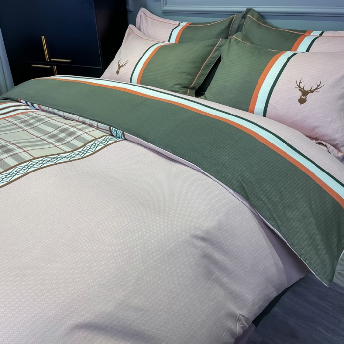 91家纺网 家纺一手货源 找家纺 金爱家 2023新款大阪纯棉生态磨毛条格简约系列四件套 安迪亚