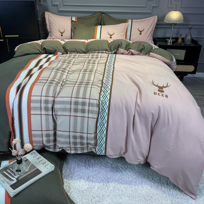 91家纺网 家纺一手货源 找家纺 金爱家 2023新款大阪纯棉生态磨毛条格简约系列四件套 安迪亚