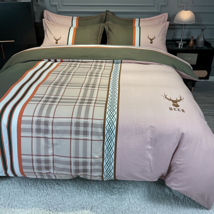 91家纺网 家纺一手货源 找家纺 金爱家 2023新款大阪纯棉生态磨毛条格简约系列四件套 安迪亚