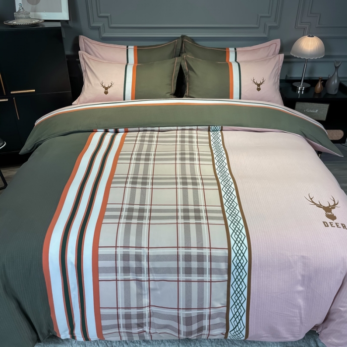 91家纺网 家纺一手货源 找家纺 金爱家 2023新款大阪纯棉生态磨毛条格简约系列四件套 安迪亚