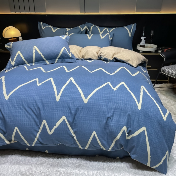 91家纺网 家纺一手货源 找家纺 金爱家 2023新款大阪纯棉生态磨毛条格简约系列四件套 波恩-兰