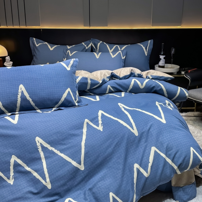 91家纺网 家纺一手货源 找家纺 金爱家 2023新款大阪纯棉生态磨毛条格简约系列四件套 波恩-兰