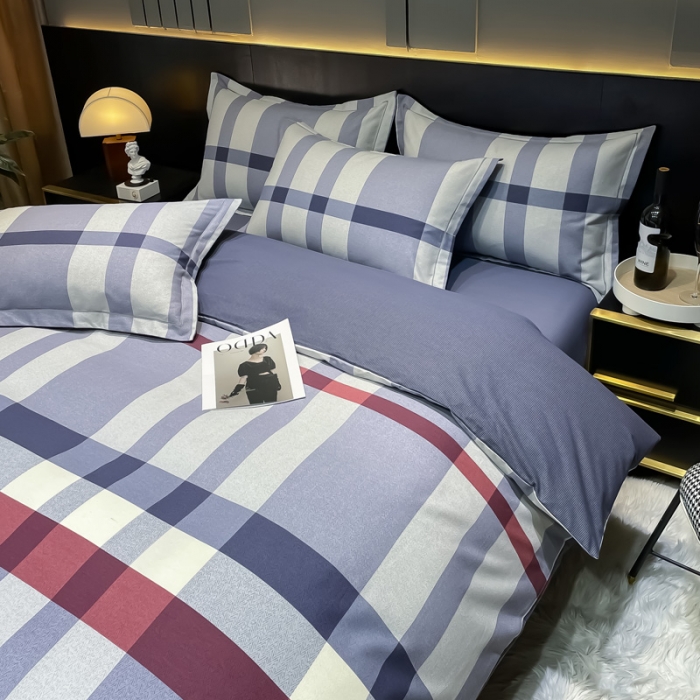 91家纺网 家纺一手货源 找家纺 金爱家 2023新款大阪纯棉生态磨毛条格简约系列四件套 达维红