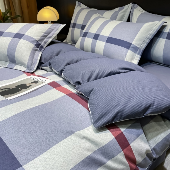 91家纺网 家纺一手货源 找家纺 金爱家 2023新款大阪纯棉生态磨毛条格简约系列四件套 达维红