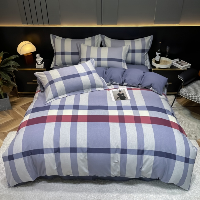 91家纺网 家纺一手货源 找家纺 金爱家 2023新款大阪纯棉生态磨毛条格简约系列四件套 达维红