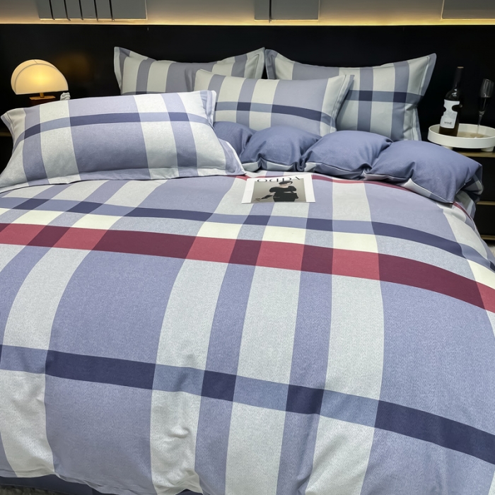 91家纺网 家纺一手货源 找家纺 金爱家 2023新款大阪纯棉生态磨毛条格简约系列四件套 达维红