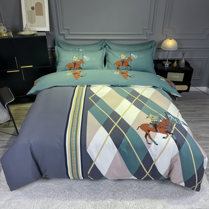 91家纺网 家纺一手货源 找家纺 金爱家 2023新款大阪纯棉生态磨毛条格简约系列四件套 皇家风范