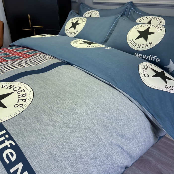 91家纺网 家纺一手货源 找家纺 金爱家 2023新款大阪纯棉生态磨毛条格简约系列四件套 悸动