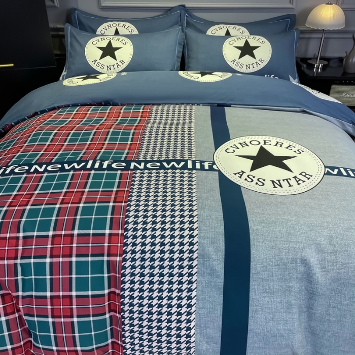 91家纺网 家纺一手货源 找家纺 金爱家 2023新款大阪纯棉生态磨毛条格简约系列四件套 悸动