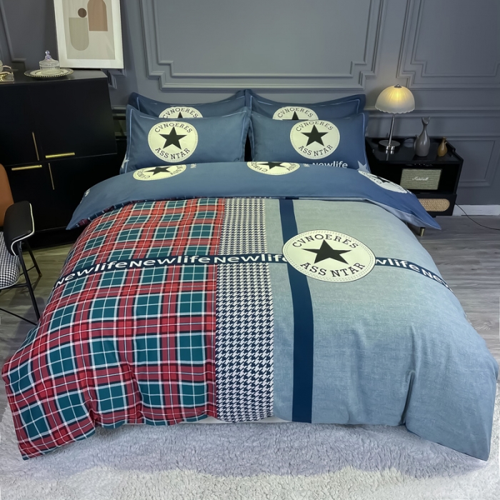 91家纺网 家纺一手货源 找家纺 金爱家 2023新款大阪纯棉生态磨毛条格简约系列四件套 悸动