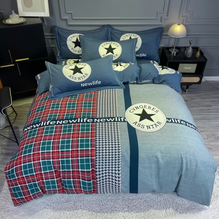 91家纺网 家纺一手货源 找家纺 金爱家 2023新款大阪纯棉生态磨毛条格简约系列四件套 悸动