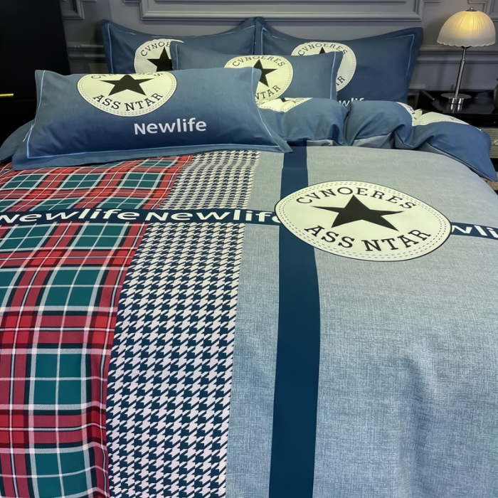 91家纺网 家纺一手货源 找家纺 金爱家 2023新款大阪纯棉生态磨毛条格简约系列四件套 悸动