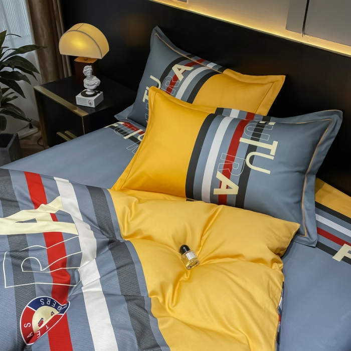 91家纺网 家纺一手货源 找家纺 金爱家 2023新款大阪纯棉生态磨毛条格简约系列四件套 杰罗-桔