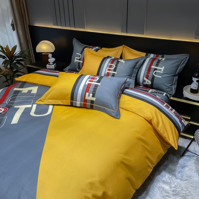 91家纺网 家纺一手货源 找家纺 金爱家 2023新款大阪纯棉生态磨毛条格简约系列四件套 杰罗-桔