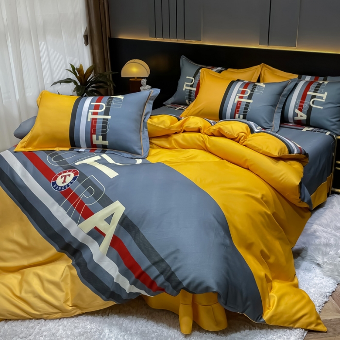 91家纺网 家纺一手货源 找家纺 金爱家 2023新款大阪纯棉生态磨毛条格简约系列四件套 杰罗-桔