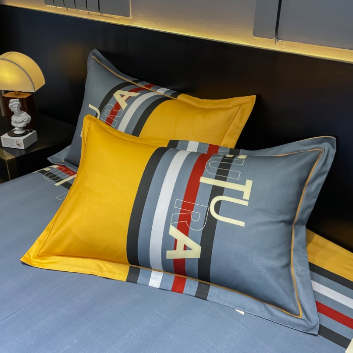 91家纺网 家纺一手货源 找家纺 金爱家 2023新款大阪纯棉生态磨毛条格简约系列四件套 杰罗-桔