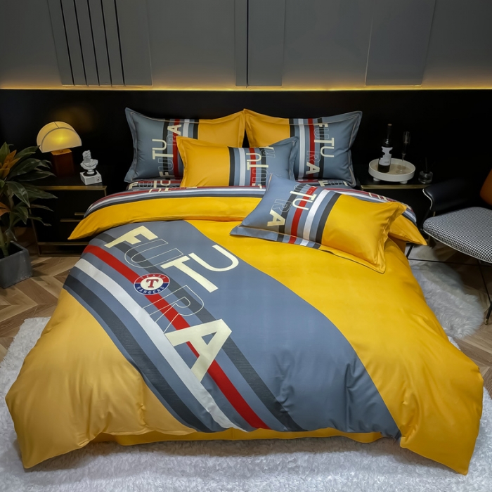 91家纺网 家纺一手货源 找家纺 金爱家 2023新款大阪纯棉生态磨毛条格简约系列四件套 杰罗-桔