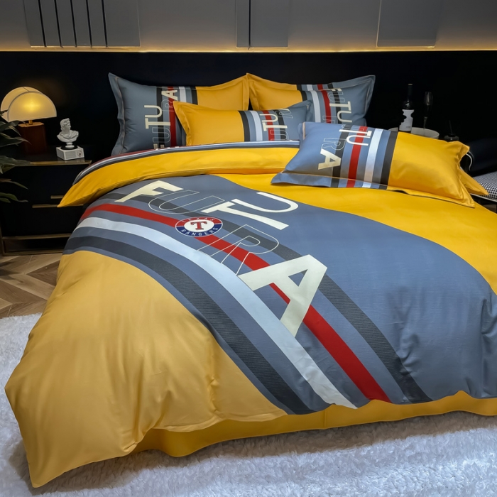 91家纺网 家纺一手货源 找家纺 金爱家 2023新款大阪纯棉生态磨毛条格简约系列四件套 杰罗-桔