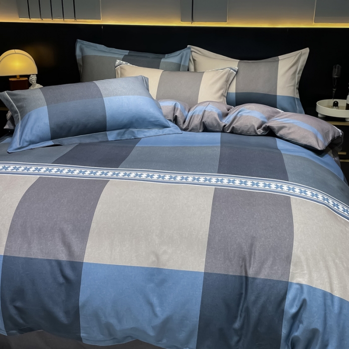 91家纺网 家纺一手货源 找家纺 金爱家 2023新款大阪纯棉生态磨毛条格简约系列四件套 莱伯妮-兰