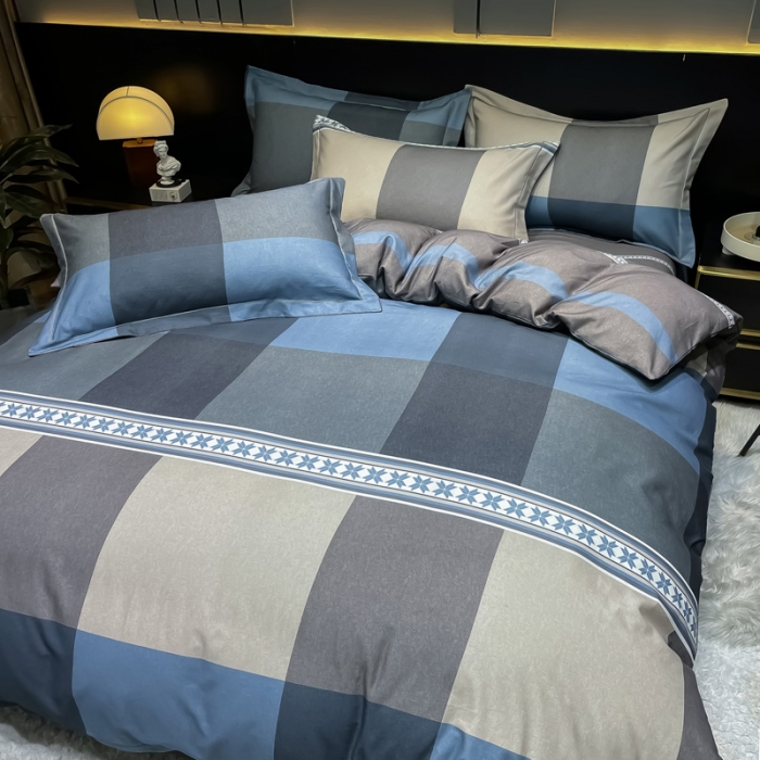 91家纺网 家纺一手货源 找家纺 金爱家 2023新款大阪纯棉生态磨毛条格简约系列四件套 莱伯妮-兰