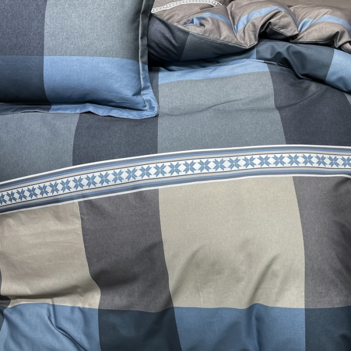 91家纺网 家纺一手货源 找家纺 金爱家 2023新款大阪纯棉生态磨毛条格简约系列四件套 莱伯妮-兰