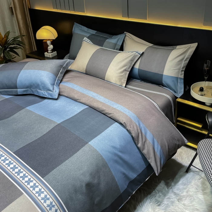 91家纺网 家纺一手货源 找家纺 金爱家 2023新款大阪纯棉生态磨毛条格简约系列四件套 莱伯妮-兰