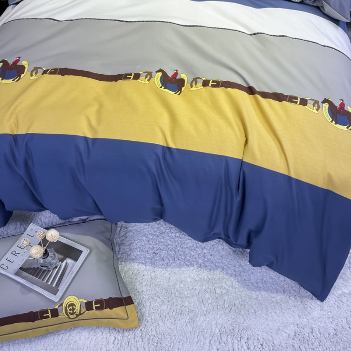 91家纺网 家纺一手货源 找家纺 金爱家 2023新款大阪纯棉生态磨毛条格简约系列四件套 洛卡风情黄