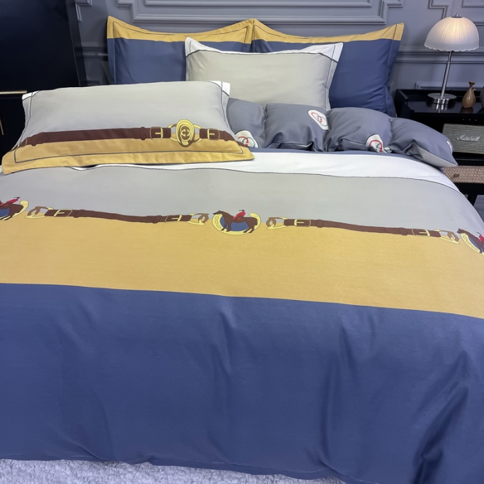 91家纺网 家纺一手货源 找家纺 金爱家 2023新款大阪纯棉生态磨毛条格简约系列四件套 洛卡风情黄