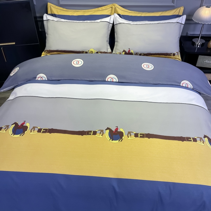 91家纺网 家纺一手货源 找家纺 金爱家 2023新款大阪纯棉生态磨毛条格简约系列四件套 洛卡风情黄