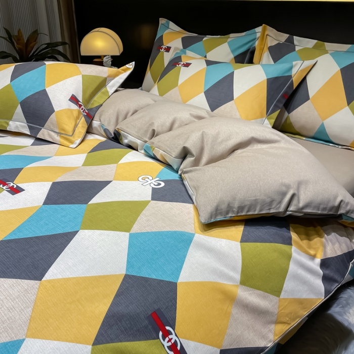 91家纺网 家纺一手货源 找家纺 金爱家 2023新款大阪纯棉生态磨毛条格简约系列四件套 清风吟-兰